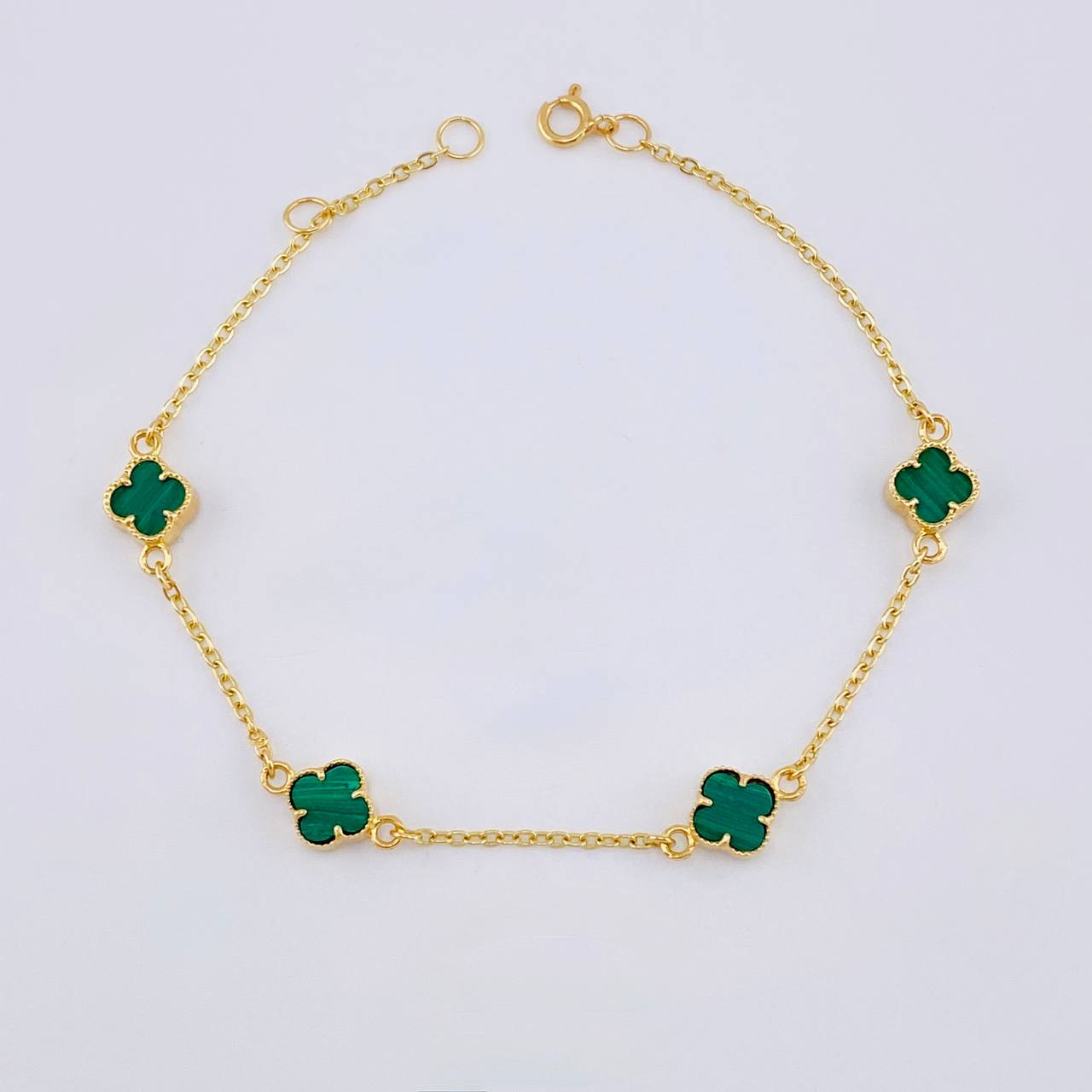 Pulso Modulable Trebol Malaquita Verde 2.7 g / 18.2 cm - 16.7 cm / 1.36 mm Oro Amarillo 18K