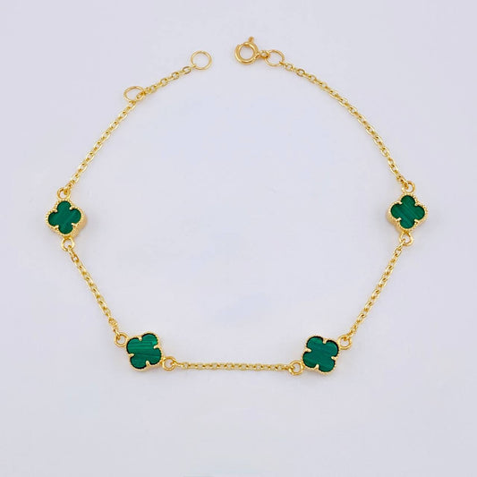 Pulso Modulable Trebol Malaquita Verde 4.4 g / 18 cm - 16.7 cm / 1.4 mm Oro Amarillo 18K