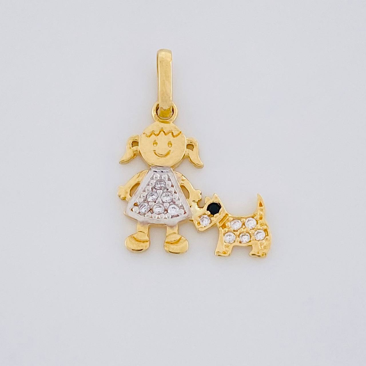 Dije Niña y Perro 1.1g / 1.9cm Dos Oros Amarillo Blanco 18K