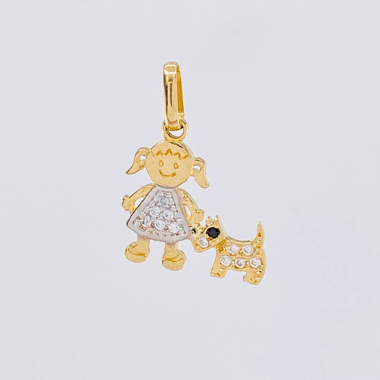 Dije Niña y Perro 1.1g / 1.9cm Dos Oros Amarillo Blanco 18K