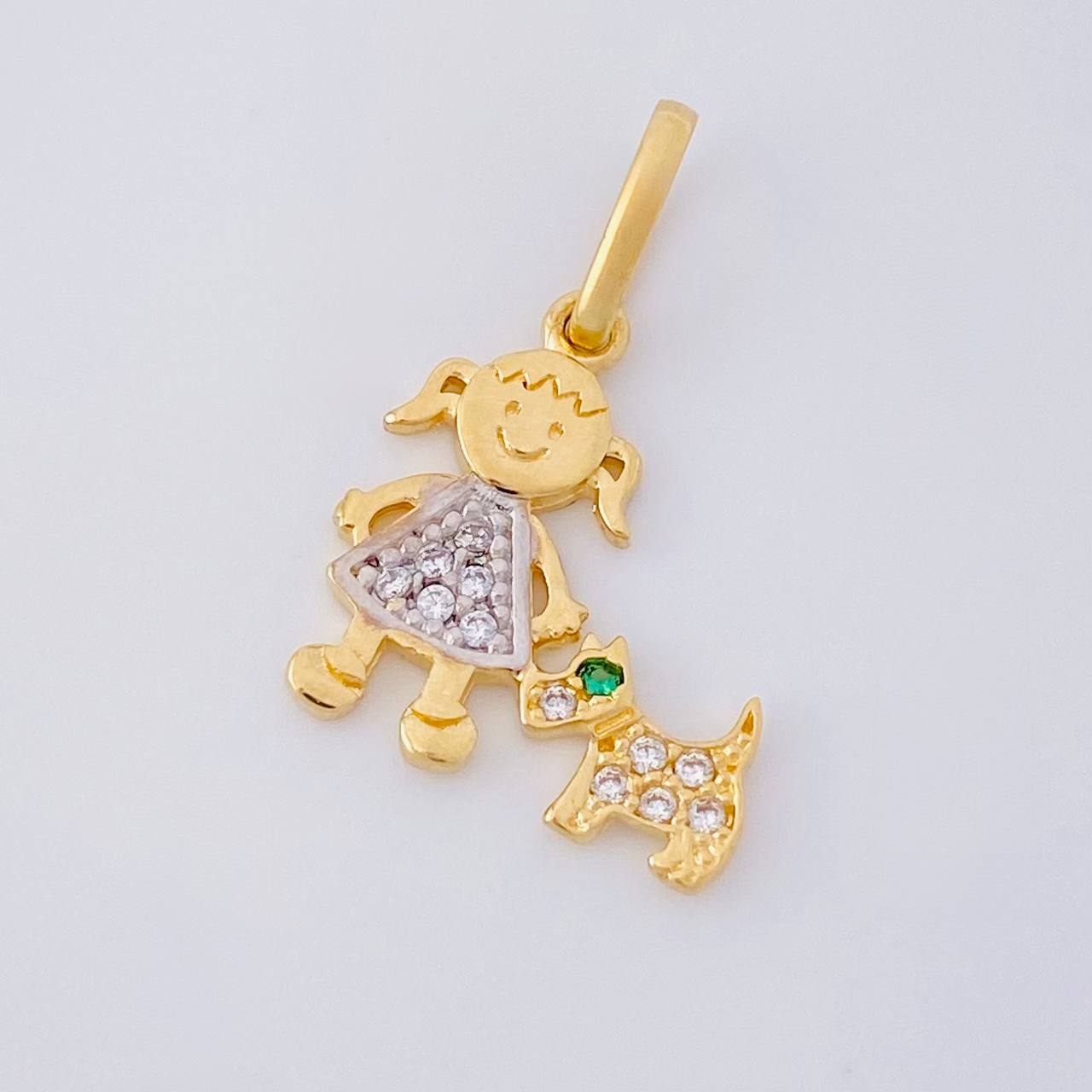 Dije Niña y Perro 1.1g / 1.9cm Dos Oros Amarillo Blanco 18K
