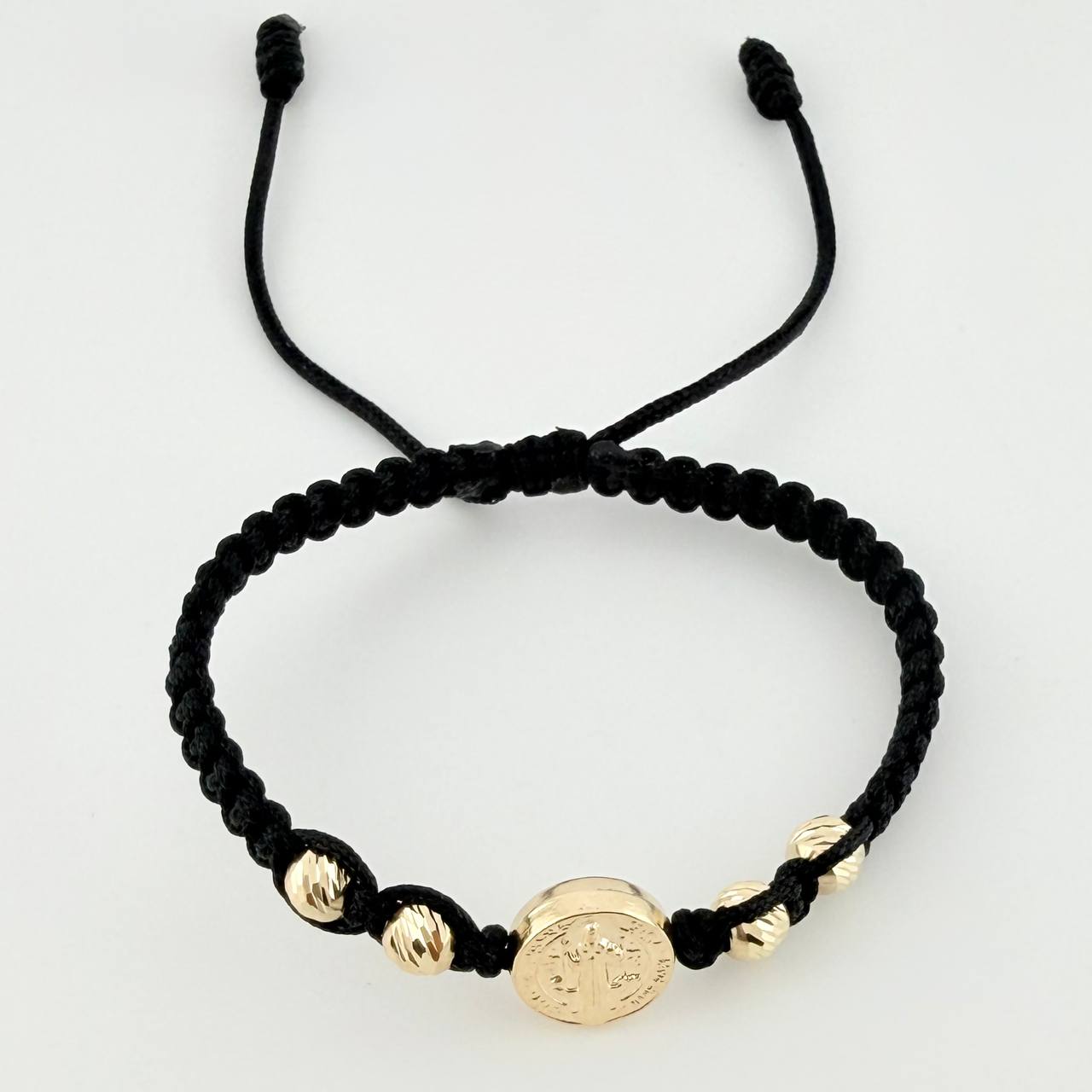 Pulsera Tejida Negra Herraje San Benito Bolas Diamantadas 5Mm / 4 Und Oro Amarillo 18K