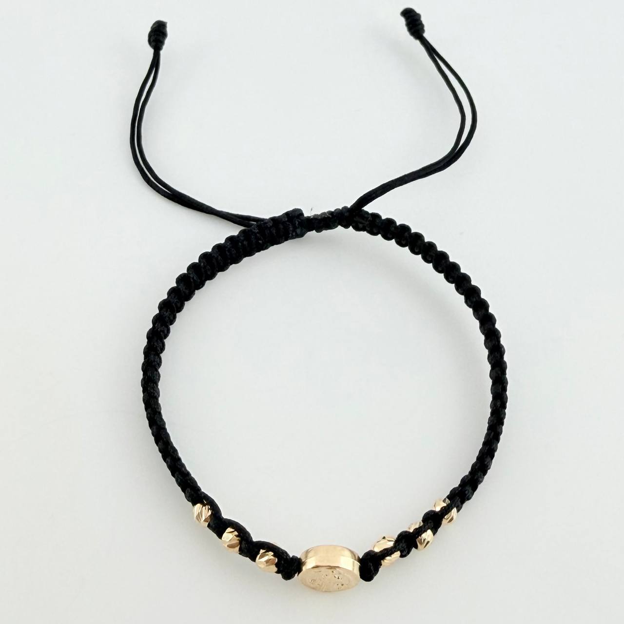 Pulsera Tejida Negra Herraje San Benito Bolas Diamantadas 3Mm / 6 Und Oro Amarillo 18K