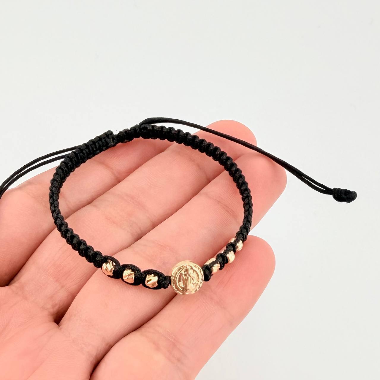 Pulsera Tejida Negra Herraje San Benito Bolas Diamantadas 3Mm / 6 Und Oro Amarillo 18K