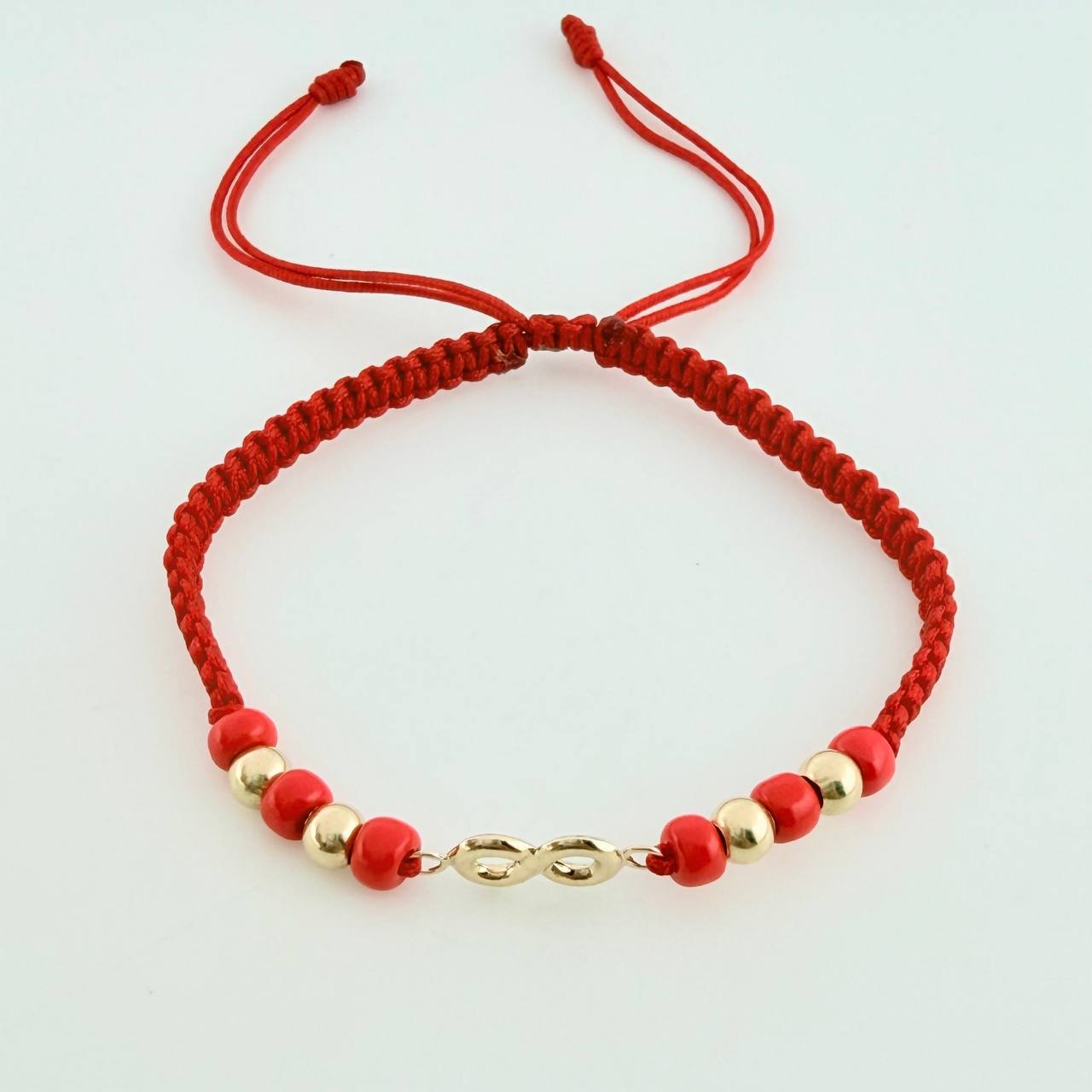 Pulsera Tejida Roja Herraje Infinito Bolas Lisas 4Mm / 4 Und Oro Amarillo 18K