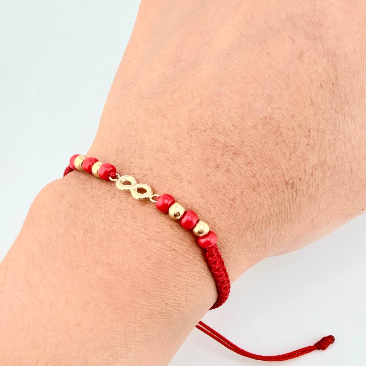 Pulsera Tejida Roja Herraje Infinito Bolas Lisas 4Mm / 4 Und Oro Amarillo 18K