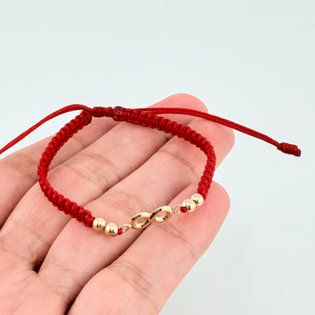 Pulsera Tejida Roja Herraje Infinito Bolas Lisas 3Mm / 4 Und Oro Amarillo 18K
