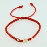 Pulsera Tejida Roja Herraje San Benito Bolas Diamantadas 4Mm / 2 Und Oro Amarillo 18K