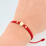 Pulsera Tejida Roja Herraje San Benito Bolas Diamantadas 4Mm / 2 Und Oro Amarillo 18K