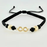Pulsera Tejida Negra Herraje Infinito Bolas Diamantadas 5Mm / 2 Und Oro Amarillo 18K