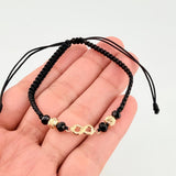 Pulsera Tejida Negra Herraje Infinito Bolas Diamantadas 5Mm / 2 Und Oro Amarillo 18K