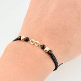 Pulsera Tejida Negra Herraje Infinito Bolas Diamantadas 5Mm / 2 Und Oro Amarillo 18K