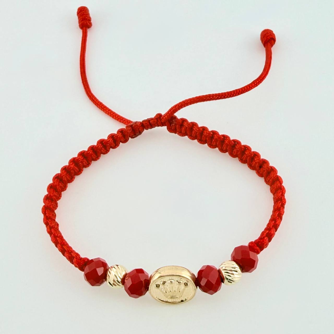 Pulsera Tejida Roja Herraje Circulo Corona Bolas Diamantadas 5Mm / 2 Und Oro Amarillo 18K