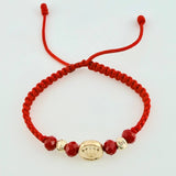 Pulsera Tejida Roja Herraje Circulo Corona Bolas Diamantadas 5Mm / 2 Und Oro Amarillo 18K