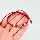 Pulsera Tejida Roja Herraje Circulo Corona Bolas Diamantadas 5Mm / 2 Und Oro Amarillo 18K