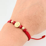 Pulsera Tejida Roja Herraje Circulo Corona Bolas Diamantadas 5Mm / 2 Und Oro Amarillo 18K