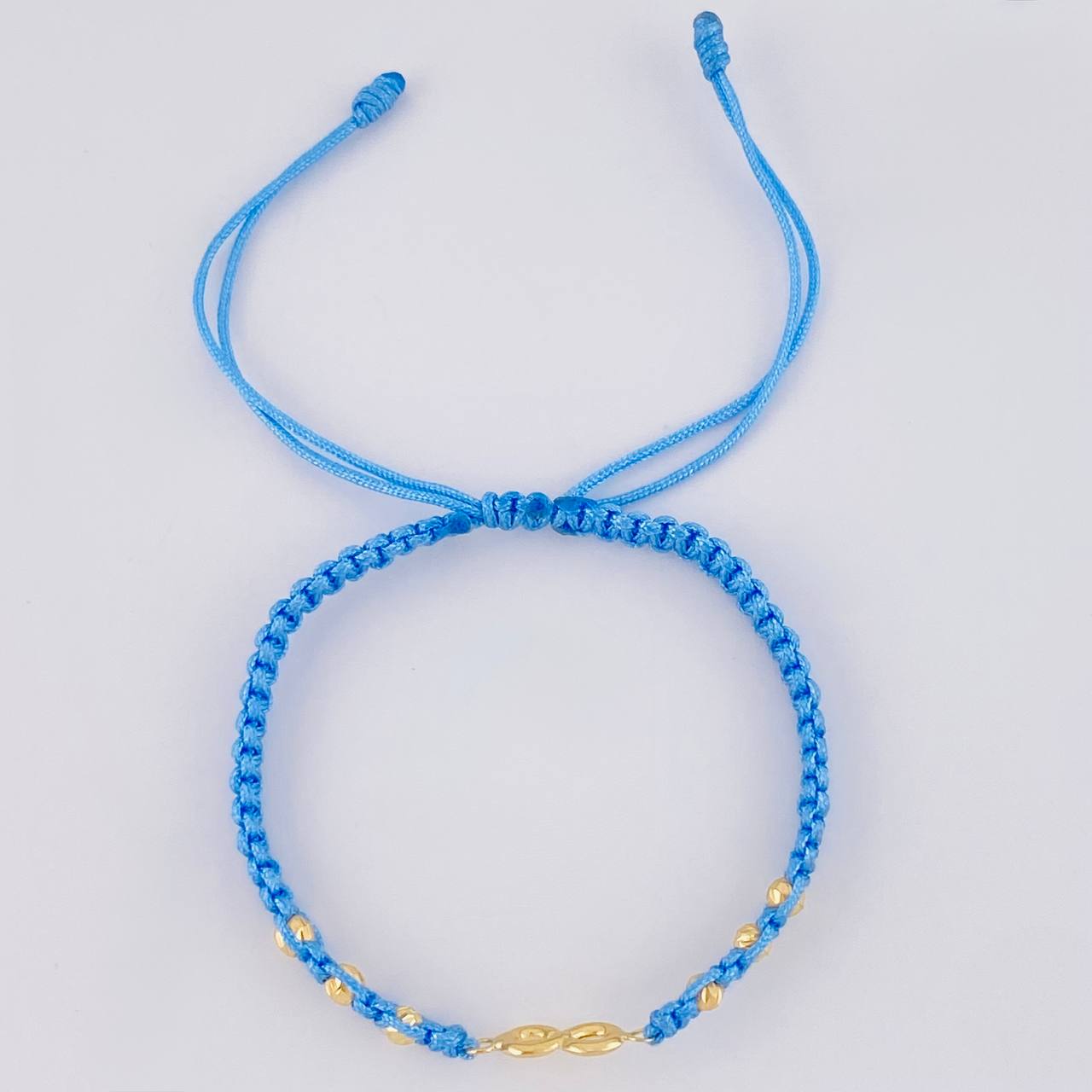 Pulsera Tejida Azul Herraje Infinito Bolas Diamantadas 3Mm / 6Und Oro Amarillo 18K