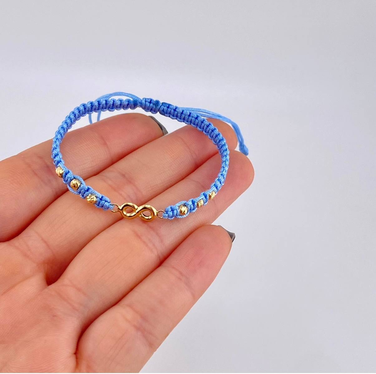 Pulsera Tejida Azul Herraje Infinito Bolas Diamantadas 3Mm / 6Und Oro Amarillo 18K