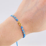 Pulsera Tejida Azul Herraje Infinito Bolas Diamantadas 3Mm / 6Und Oro Amarillo 18K