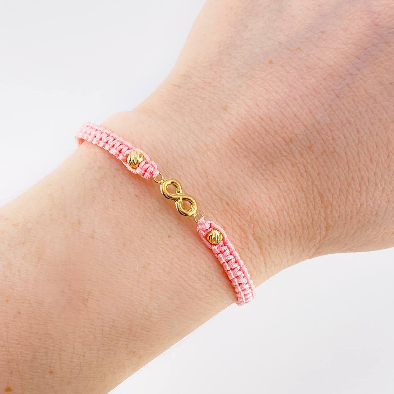 Pulsera Tejida Rosada Herraje Infinito Bolas Diamantadas 4Mm / 2 Und Oro Amarillo 18K