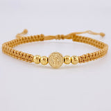Pulsera Tejida Cafe Herraje San Benito Bolas Lisas 4Mm / 4 Und Oro Amarillo 18K