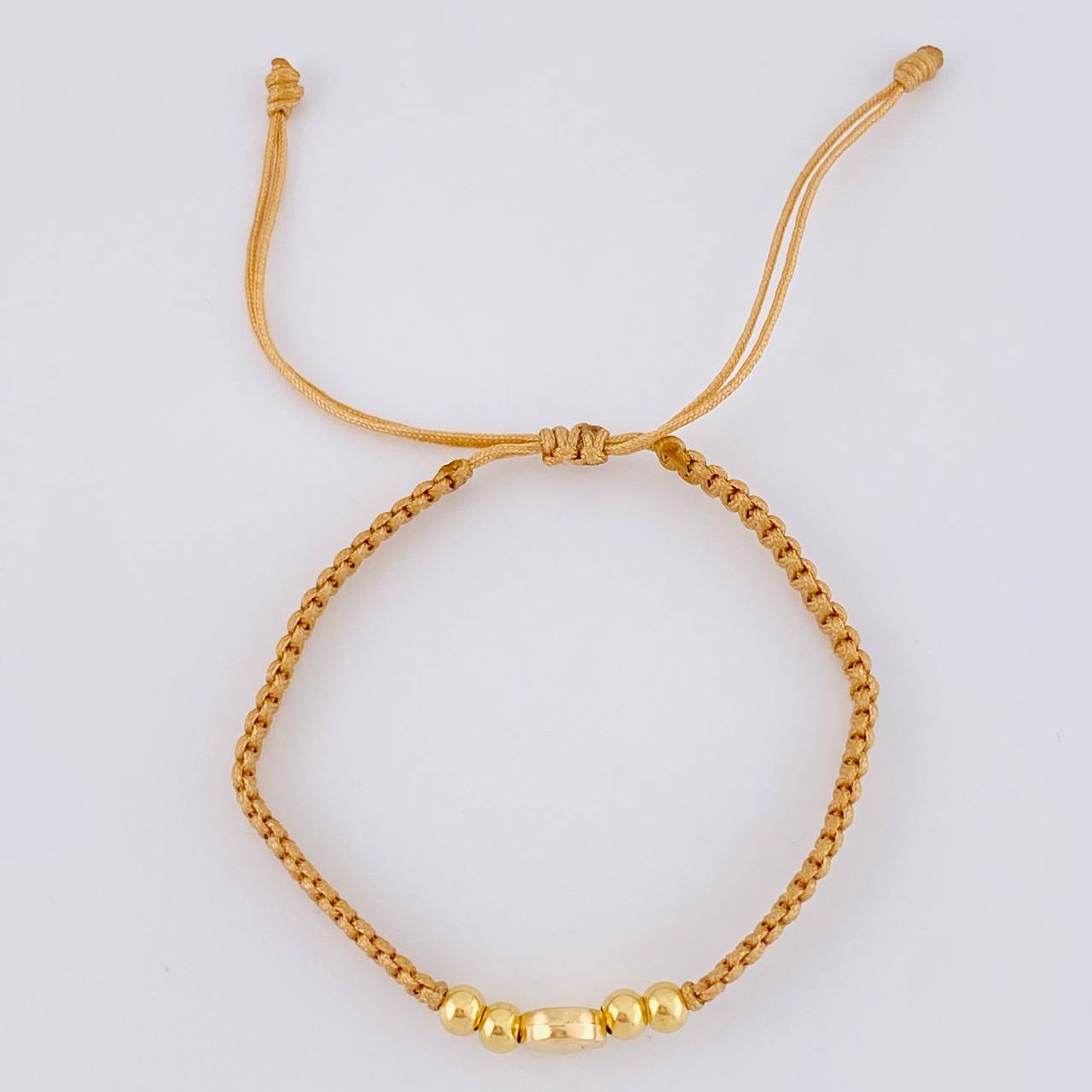 Pulsera Tejida Cafe Herraje San Benito Bolas Lisas 4Mm / 4 Und Oro Amarillo 18K