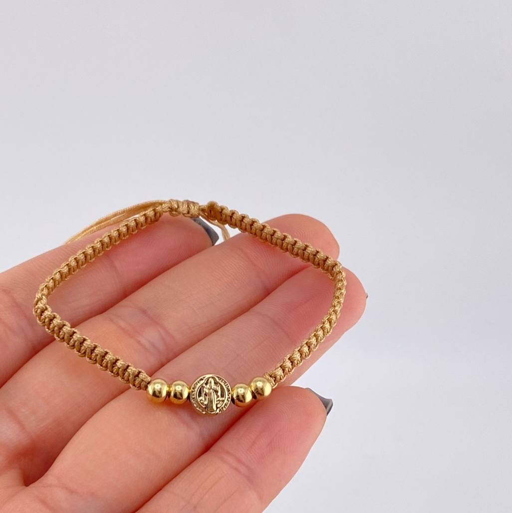 Pulsera Tejida Cafe Herraje San Benito Bolas Lisas 4Mm / 4 Und Oro Amarillo 18K