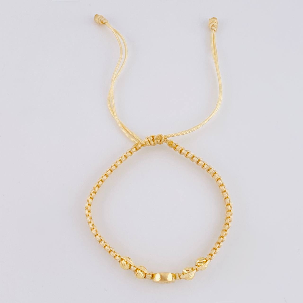Pulsera Tejida Beige Herraje San Benito Bolas Diamantadas 4Mm / 4 Und Oro Amarillo 18K