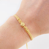 Pulsera Tejida Beige Herraje San Benito Bolas Diamantadas 4Mm / 4 Und Oro Amarillo 18K