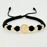 Pulsera Tejida Negra Herraje San Benito Bolas Lisas - Diamantadas 5 Mm / 4 Und Oro Amarillo 18K