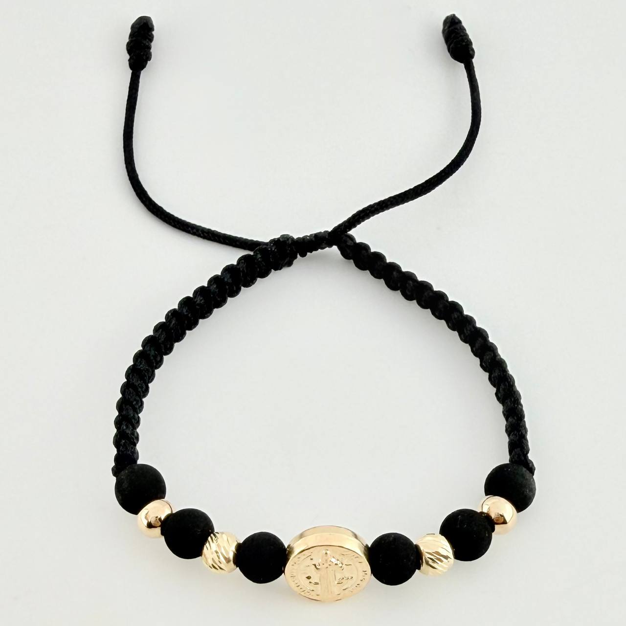 Pulsera Tejida Negra Herraje San Benito Bolas Lisas - Diamantadas 5 Mm / 4 Und Oro Amarillo 18K