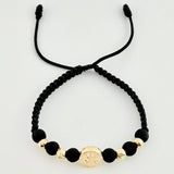 Pulsera Tejida Negra Herraje San Benito Bolas Lisas - Diamantadas 5 Mm / 4 Und Oro Amarillo 18K