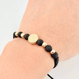 Pulsera Tejida Negra Herraje San Benito Bolas Lisas - Diamantadas 5 Mm / 4 Und Oro Amarillo 18K