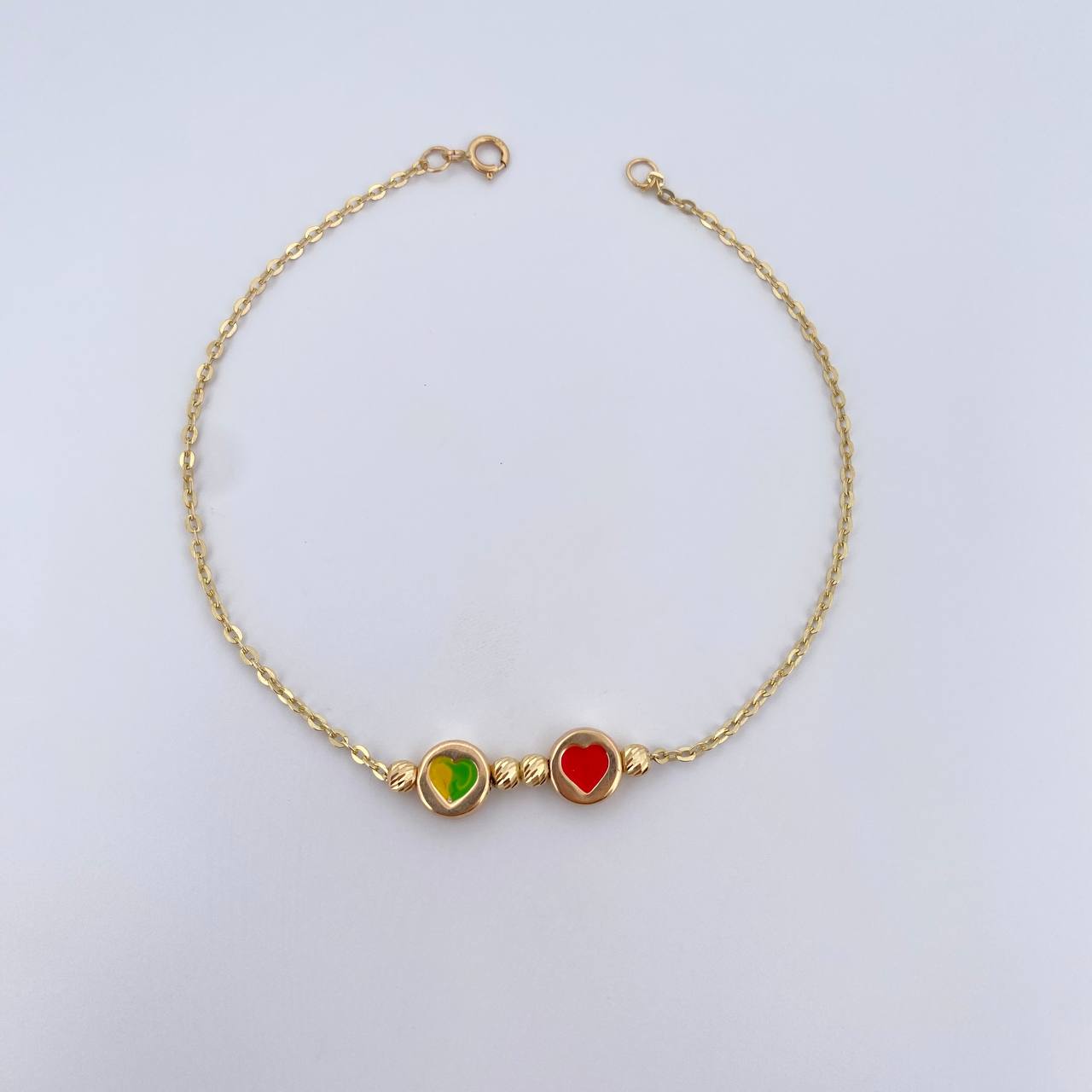 Pulso Aro Seguido Corazones 1.85gr / 19.3cm / 3mm Bolas Diamantadas Oro Amarillo 18K &