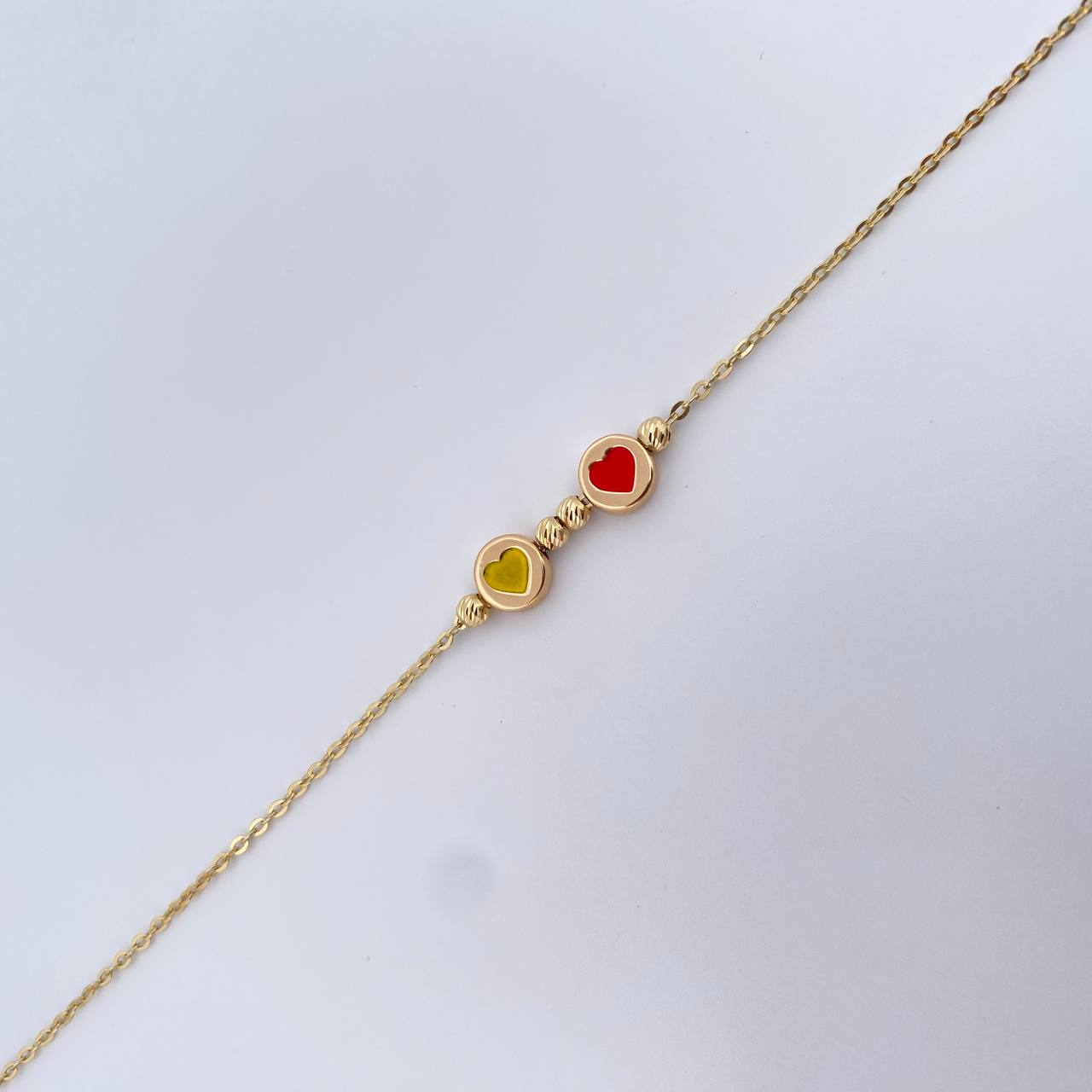 Pulso Aro Seguido Corazones 2.15gr / 19.5cm / 3mm Bolas Diamantadas Oro Amarillo 18K &