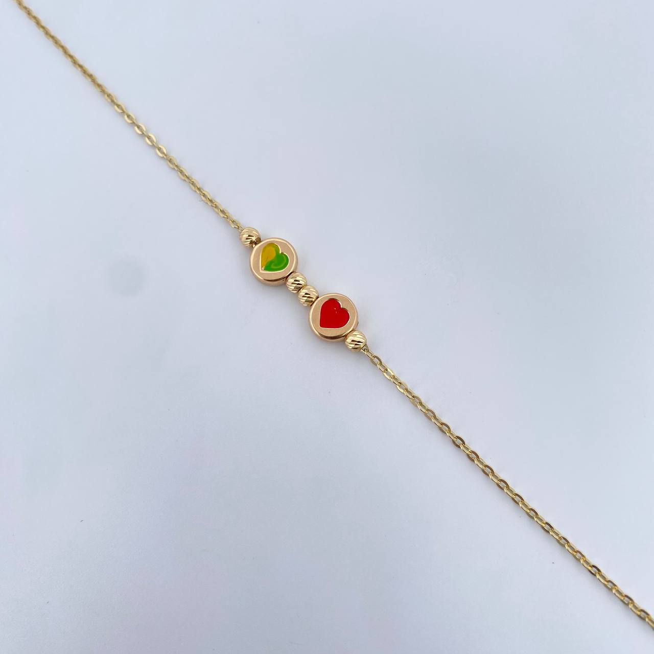 Pulso Aro Seguido Corazones 1.85gr / 19.3cm / 3mm Bolas Diamantadas Oro Amarillo 18K &