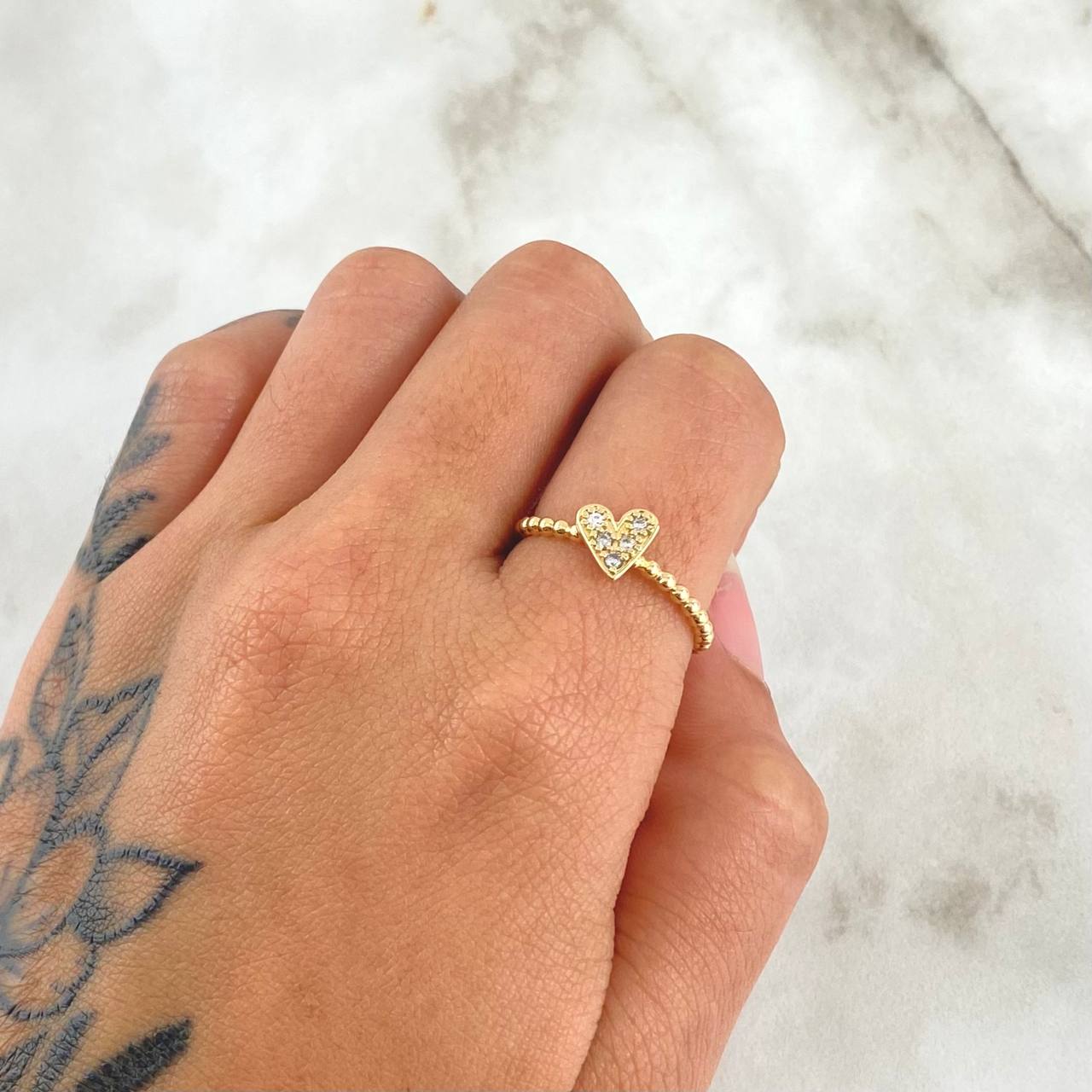 Anillo Esferas Corazón 2.05gr / T7 3/4 / Circones Blancos Oro Amarillo 18K *