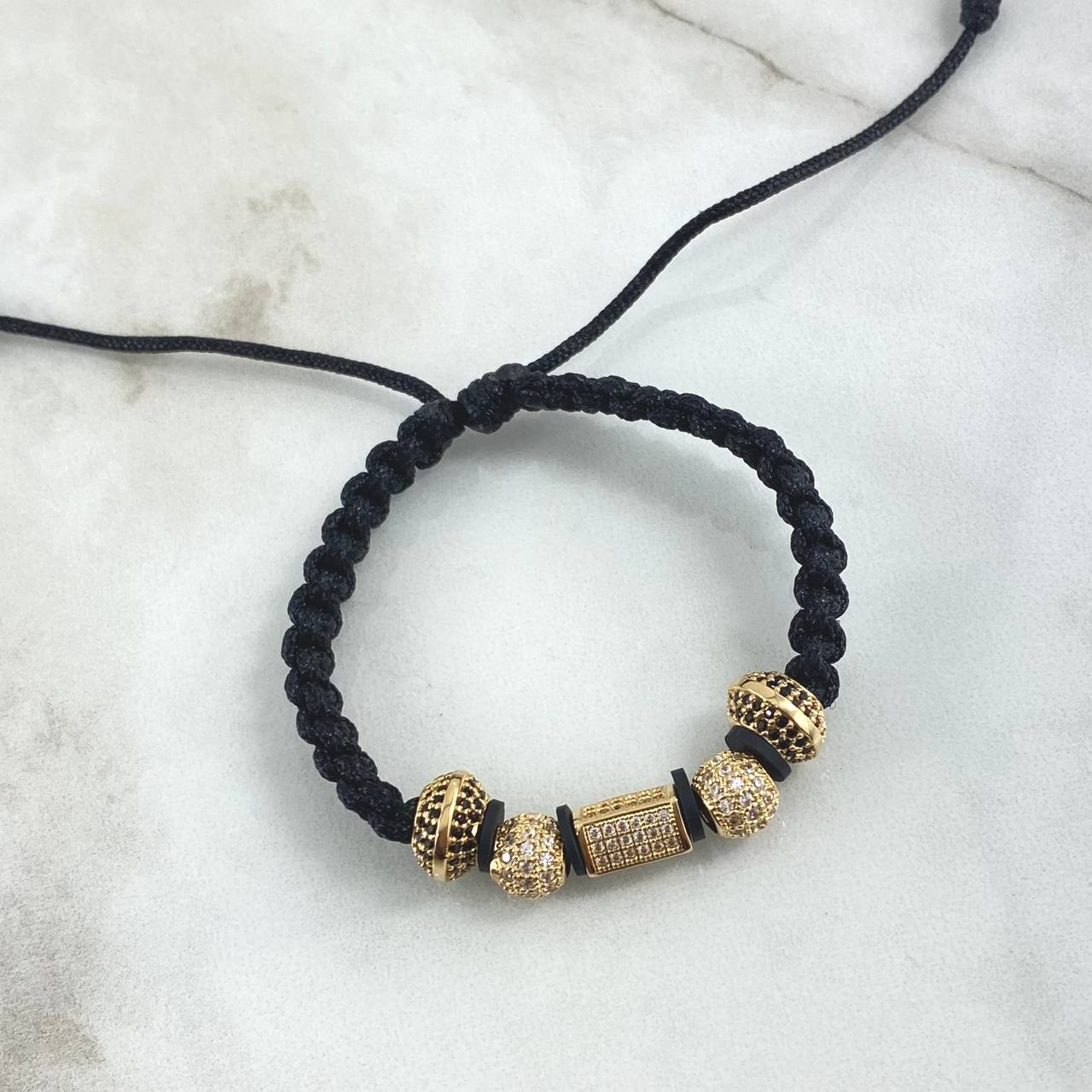 Pulsera Negra Cilindro Bolas Barril de Fuego 6.85gr / 5mm-7mm-9mm Circones Blancos-Negros 5 und Oro Amarillo 18K