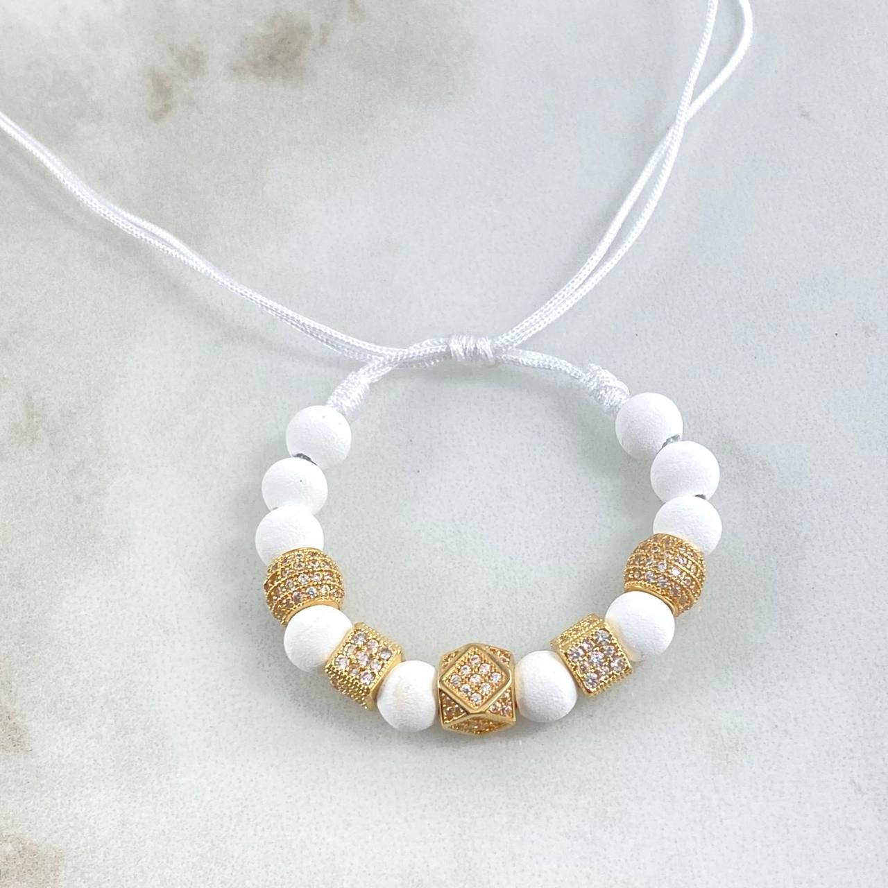 Pulsera Blanca Tetradecágono Cubo Bola de Fuego 4.75gr / 6mm-5mm Circones Blancos 5und Oro Amarillo 18K