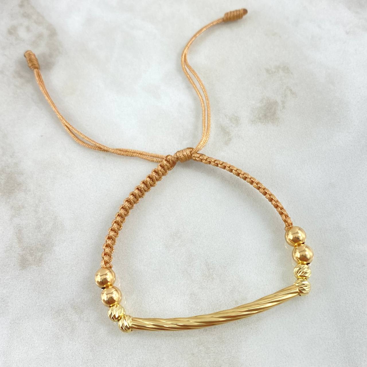 Pulsera Caqui Herraje Tubular 1.35gr / 4mm-5mm Bolas Diamantadas-Lisas 4 und Oro Amarillo 18K
