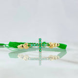 Pulsera Verde Cruz 1.48gr / 1.8cm / 5mm-4mm-3mm Bolas Diamantadas Esmeraldas 38pts 7und Oro Amarillo 18K (Joya) ©
