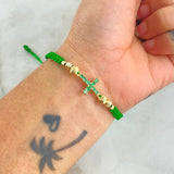 Pulsera Verde Cruz 1.48gr / 1.8cm / 5mm-4mm-3mm Bolas Diamantadas Esmeraldas 38pts 7und Oro Amarillo 18K (Joya) ©
