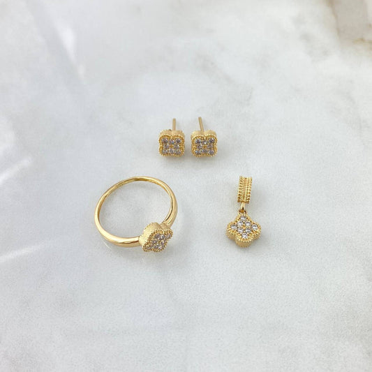 Set Trébol VCyA 5.1gr / Anillo T7- Dije 1.5cm -Topos 7MM Circones Blancos Oro Amarillo 18K *
