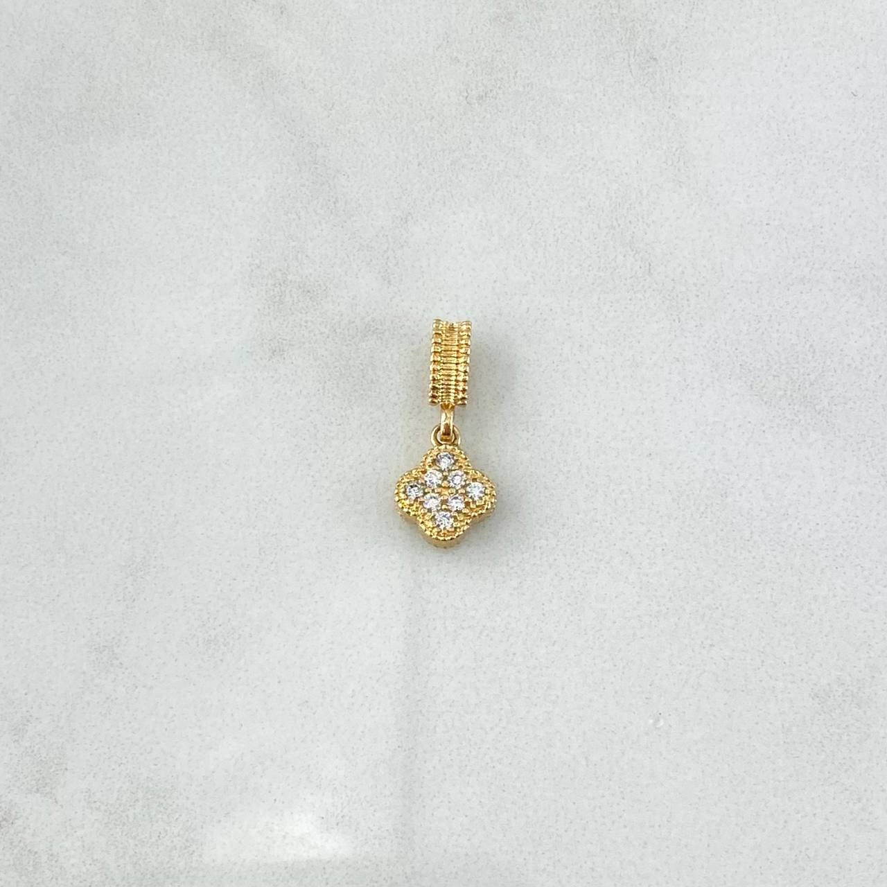 Set Trébol VCyA 7.2gr / Anillo T7- Dije 1.5cm -Topos 7MM Circones Blancos Oro Amarillo 18K *