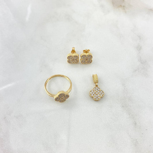 Set Trébol VCyA 7.2gr / Anillo T7- Dije 1.5cm -Topos 7MM Circones Blancos Oro Amarillo 18K *