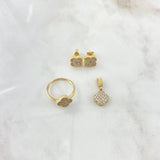 Set Trébol VCyA 7.2gr / Anillo T7- Dije 1.5cm -Topos 7MM Circones Blancos Oro Amarillo 18K *