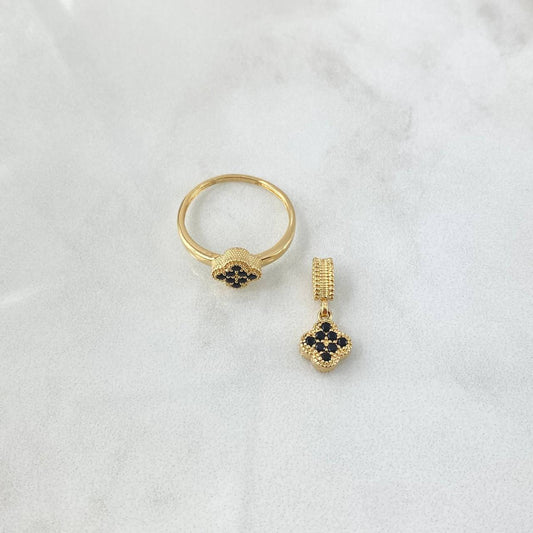 Set Trébol VCyA 3.1gr / Anillo T6 1/4 Dije 1.5cm Circones Negro Oro Amarillo 18K *