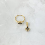Set Trébol VCyA 3.1gr / Anillo T6 1/4 Dije 1.5cm Circones Negro Oro Amarillo 18K *