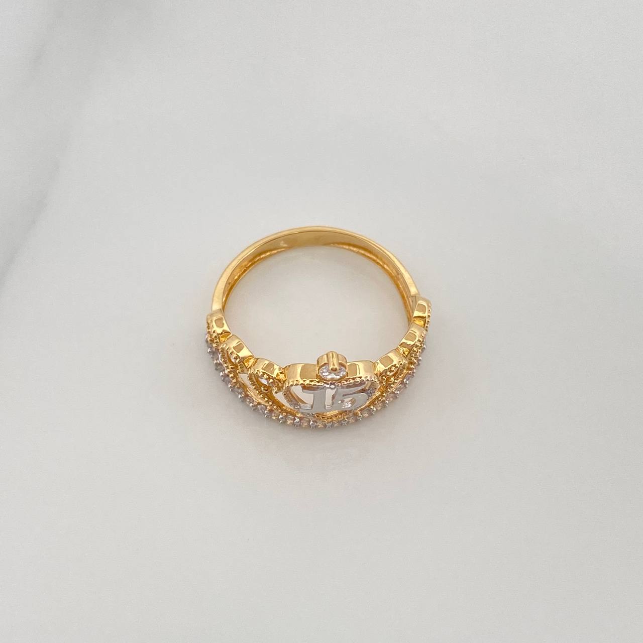 Anillo 15´S Corona 2 g / T4 1/4 Dos Oros Amarillo Blanco 18K