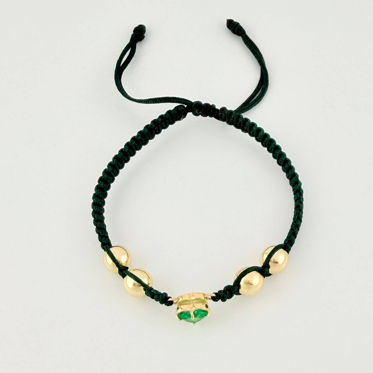 Pulsera Tejida Verde Bolas Lisas Corazón Esmeralda 60pts Oro Amarillo 18K